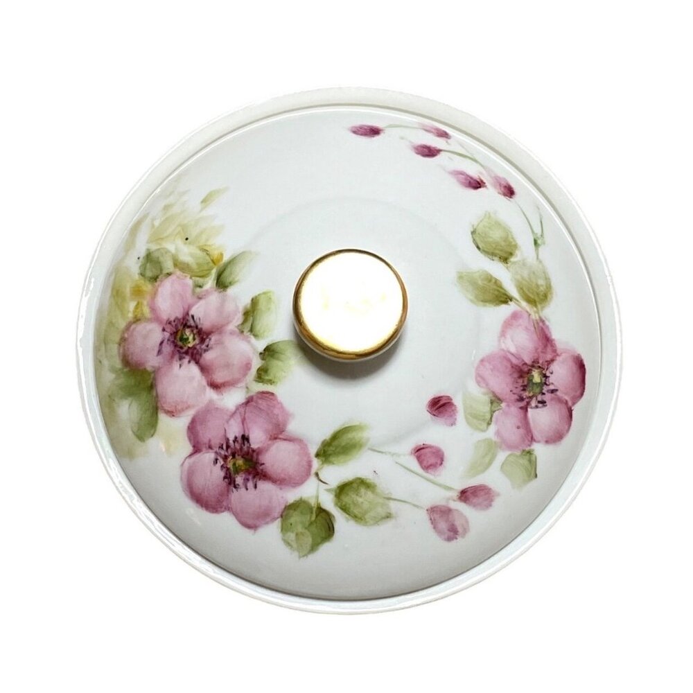 Vtg Hand Painted Porcelain Floral Trinket Dish with Lid Signed by Grace Theiss
